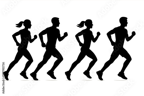 Dynamic Running Silhouette Sequence of Four Runners, Athletic Man and Woman, Motion Animation, Fitness Jogging, Isolated Sports Vector Illustration