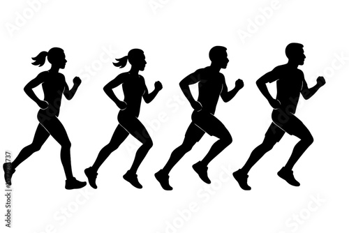 Dynamic Running Silhouette Vector Set, Four Runners in Motion, Athletic Man and Woman Sequence, Fitness Jogging Animation, Isolated Sports Figures, Exercise Movement Illustration
