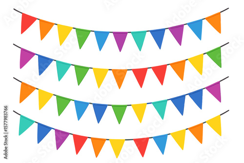 Colorful Carnival Flag Garlands Set. Decorative Party Pennant Banners for Birthday, Festival, Fair, Holiday, Outdoor Celebration, Event, Festive Background, Multicolor Hanging Decoration
