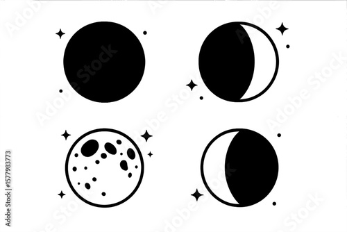 Moon Phases Vector Set. Four Moon Phase Icons. Lunar Cycle Stages: New Moon, First Quarter, Full Moon, Last Quarter. Astronomy, Space, Night Sky, Celestial Nature, Solar Eclipse Shapes
