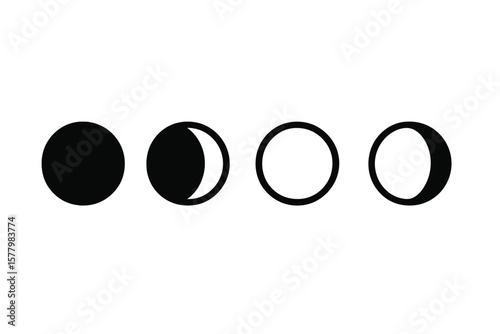 Four Moon Phases Vector Icons. Lunar Cycle Stages. New Moon, Crescent, Full Moon, Gibbous. Astronomy, Night Sky, Space Science, Celestial Nature, Solar Eclipse Symbol, Moon Phases Set