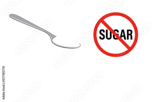 No Sugar Concept Vector. Spoon Pouring Sugar with Red Prohibition Sign. Sugar Free, Diet, Healthy Eating, Diabetes Awareness, Ingredient Restriction, Stop Sugar Symbol Illustration