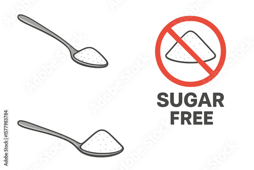 Spoon with Sugar or Salt, Teaspoon with Ingredient, Baking and Cooking Concept, Pouring Sugar, Sugar Free, No Sugar Sign, Healthy Diet, Vector Illustration