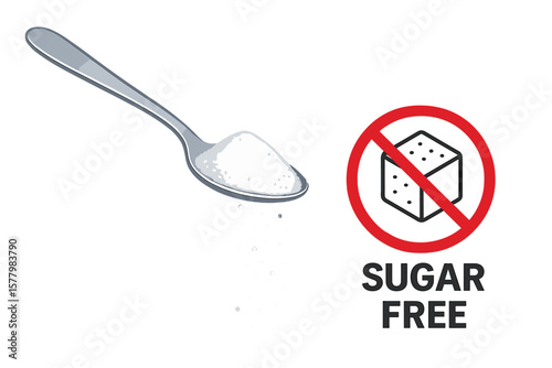 Spoon with granulated sugar or salt pouring, no sugar cube sign, sugar free label, healthy diet, baking and cooking ingredients, nutrition concept, vector illustration