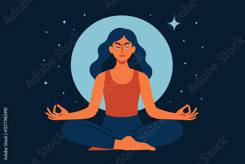 Woman meditating in lotus pose. Yoga girl in padmasana. Mindfulness and spiritual practice for mental health. Harmony, balance, inner peace concept. Night sky, full moon vector.