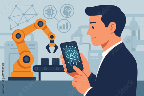 AI, Artificial Intelligence, and machine learning. Businessman controls robot arm in smart factory with smartphone. Industrial automation, innovation, and Industry 4.0 concept.