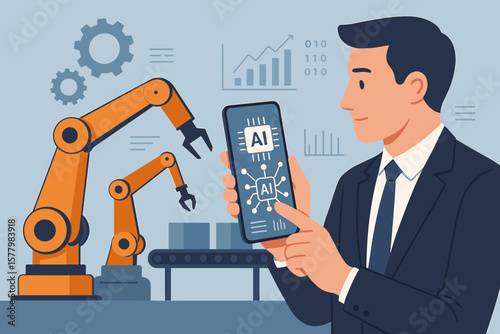 AI, Artificial Intelligence and machine learning. Businessman with phone controls robot arms in factory. Smart industry 4.0 automation. Innovative technology vector concept.