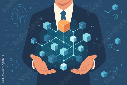 AI technology, machine learning, data networking concept. Businessman holds digital network of blocks for data exchange, deep learning, innovation. Future of business technology.