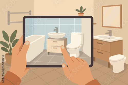 Augmented reality bathroom planning. Hand holding tablet with AR application for sanitary ware. Home renovation, interior design technology. Virtual furniture try-on experience.