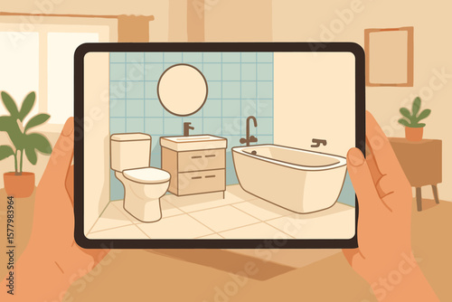 Augmented reality bathroom planning. Hand holding tablet with AR application for interior design, home renovation. Virtual sanitary ware shopping. Modern technology experience.