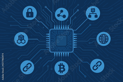 Blockchain technology concept with cryptocurrency and fintech icons. Digital network on a computer motherboard microchip background. Vector illustration for finance and security.