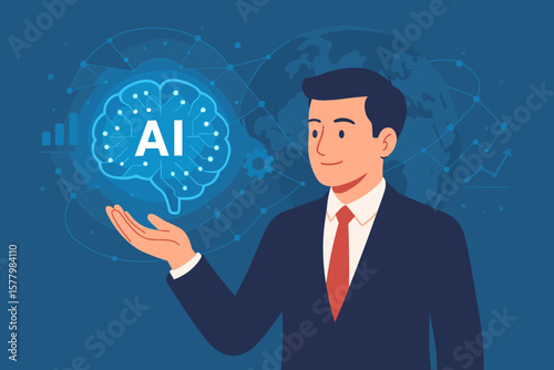 Businessman holding an AI brain. Artificial intelligence for business future. Concept of global network, data analysis, machine learning, and smart technology innovation.