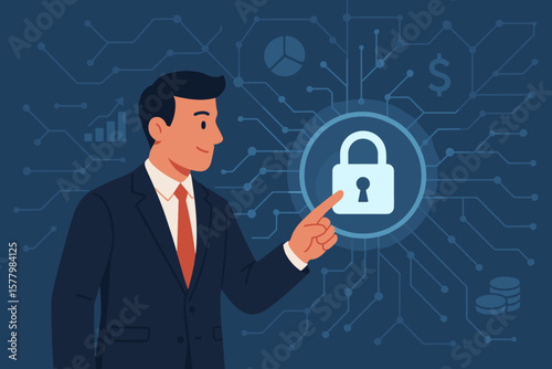 Businessman ensures data protection, touching digital padlock for secure access to financial network. Cybersecurity & privacy concept. Modern flat vector cartoon illustration.
