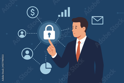Cybersecurity and data protection concept with businessman touching digital padlock. Secure access to business information, financial privacy, and confidential data network.