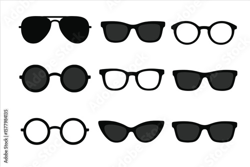 Sunglasses Eyewear Collection Black Silhouettes Set on White Background. Fashion Accessory, Trendy Optical Styles, Aviator, Wayfarer, Round, Cat Eye, Retro, Modern Summer Protection