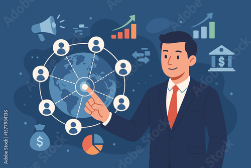 Businessman touching global network for customer data exchange. Digital marketing strategy for business growth and development. Social network, finance, and banking concept.