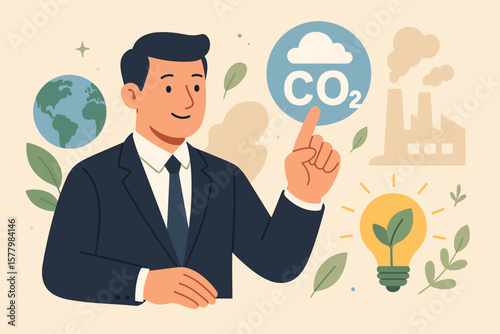 Businessman reduce CO2 emissions concept. Carbon footprint and climate change. Sustainable business with green energy. Global warming and environmental protection vector.