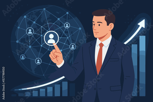 Businessman touching customer icon on global network. Data exchange, CRM, and economic growth graph. Business strategy, technology, and market analysis concept vector.