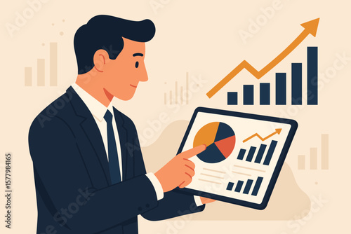 Businessman analyzing sales data on tablet. Financial manager using charts and graphs for economic growth analysis. Modern flat vector cartoon illustration for business success.