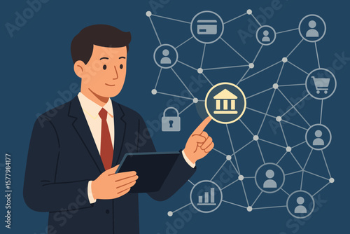 Businessman using tablet for digital banking and finance network connection. Fintech technology concept with online shopping, customer data, security, and investment analysis.