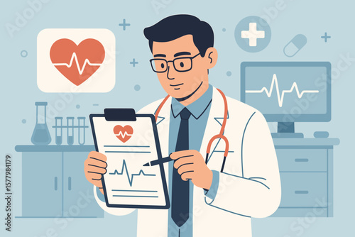 Cardiology concept with doctor analyzing ECG. Man practitioner in clinic making diagnosis. Medical health care. Heartbeat checkup report. Vector flat character illustration.