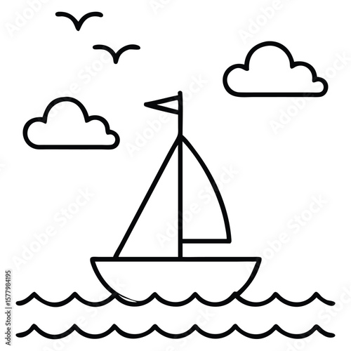 Minimalist line art illustration of sailboat on water with clouds and birds flying above