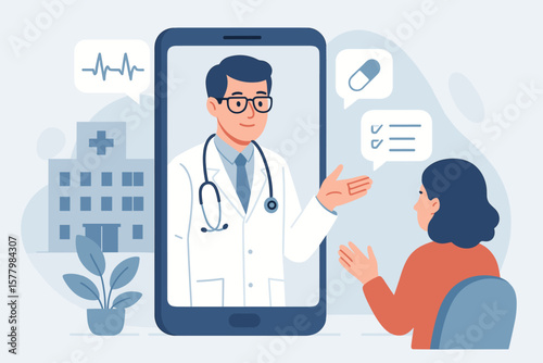 Telemedicine doctor consultation on smartphone, virtual hospital healthcare service, online medical diagnostics, patient communication, digital health innovation, remote care