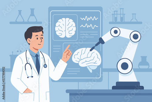 Artificial Intelligence Doctor Analyzing Brain Scan Results with Robotic Arm and Virtual Interface in Modern Medical Laboratory, Neuroscience Innovation, Technology in Healthcare