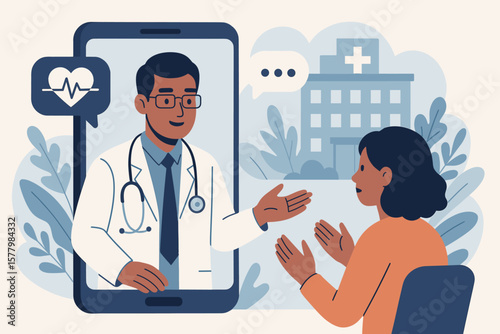 Telemedicine consultation concept with doctor on smartphone screen, virtual hospital, online healthcare diagnostics, remote patient communication, digital medical innovation