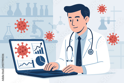 Medical Doctor Analyzing COVID-19 Data on Laptop in Laboratory Setting with Virus Icons, Flat Vector Illustration, Healthcare Technology Research, Pandemic Data Analysis Concept
