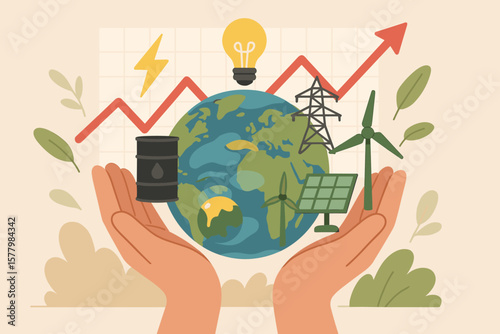 Global Energy Crisis Concept, Hands Supporting Earth with Oil Barrel, Solar Panel, Wind Turbine, Power Grid, Light Bulb, Rising Graph, Renewable and Nonrenewable Energy, Economic Impact