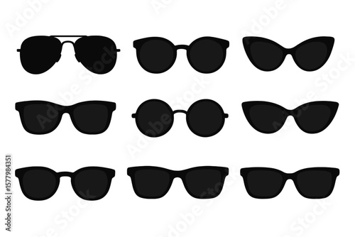 Sunglasses eyewear collection black silhouette set. Fashion accessories, summer style, optical protection. Aviator, wayfarer, round, cat eye, trendy retro glasses vector