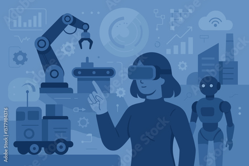 Futuristic Technology and Industry 4.0 Concept Flat Vector Cartoon Illustration with Modern Automation, Digital Innovation, Robotics, Smart Factory, AI, Internet of Things, and Advanced Manufacturing