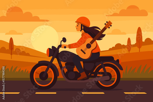 Woman Riding Motorcycle with Guitar at Sunset, Countryside Road, Autumn Landscape, Modern Flat Vector Illustration, Adventure, Freedom, Music Journey, Female Biker, Scenic Outdoors