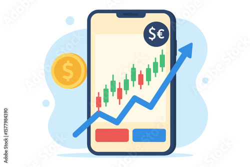 Growth graph and profit in foreign currency exchange trading on smartphone platform, modern flat vector cartoon illustration, financial market, investment, currency trends