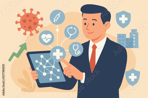 Industrial Engineers with Safety Helmets Analyzing Power Plant Data, Blueprint Review, Modern Digital Network, Flat Vector Illustration, Industrial Technology Concept