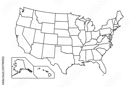 United States Map Outline, 50 States, Blank Borders, Educational Vector, Clear State Separation, Learning Aid, Classroom Resource, Printable, Geography, Homeschool, Test Prep