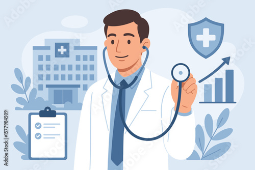 Healthcare business growth concept with doctor holding stethoscope, medical examination, health insurance chart, hospital data analysis, medicine and healthcare industry