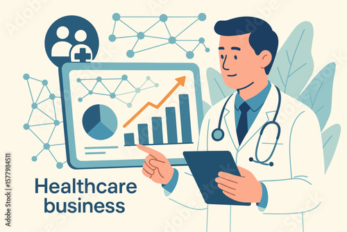 Healthcare business growth and data analysis, doctor examining medical report on virtual tablet, network connection and medical graphs, modern flat vector illustration