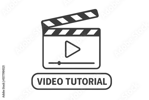 Video Tutorial Icon with Clapperboard, Online Movie Player Symbol, Play Button, Streaming Emblem, Video Editor Label, Cinema Interface, Web Learning, Digital Media Design