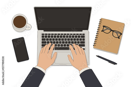 Business workspace desk with hands typing on laptop keyboard, smartphone, coffee mug, notebook, eyeglasses, pen. Office work, remote job, management, IT, productivity concept