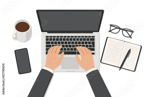 Business workspace top view. Hands typing on laptop keyboard, coffee mug, smartphone, notebook, pen, eyeglasses. Office desk concept for management, IT, remote work, productivity