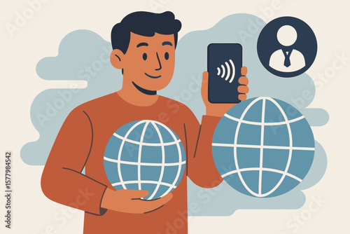 Mobile Payment Global Connection, Digital Wallet Transaction, Contactless Smartphone NFC, Businessman Holding Globe, Modern Vector Illustration, Worldwide Financial Technology Concept