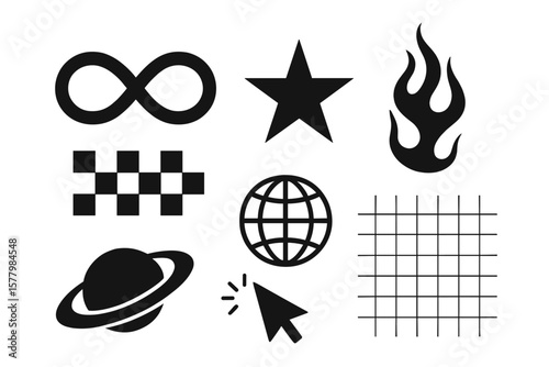 Y2K Abstract Vector Symbols Collection: Infinity, Star, Flame, Checkerboard, Planet, Cursor, Globe, Grid, Retro Aesthetic, Graphic Design Elements