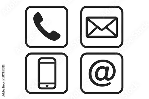 Contact us icons set. Phone, email, mobile, at symbol. Simple outline vector. Communication, support, web, social media, customer service, call, message, internet, network