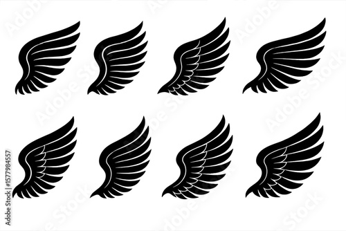 Black Wing Silhouette Vector Collection. Angel, Bird, Eagle Wing Clipart. Isolated Bold Wings for Logo, Tattoo, Sticker, Decal Design. Unique Feathered Wing Illustrations Set.