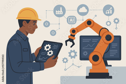 Industrial engineer using tablet to control AI automation, robotics, and smart manufacturing system. Technician manages robotic arm, monitoring software, industry 4.0, network connections