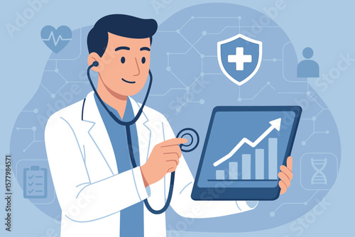 Medical examination and health insurance business, doctor with stethoscope holding tablet analyzing growth graph, virtual interface technology, digital healthcare, telemedicine