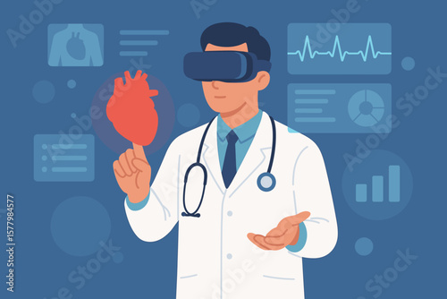 Cardiologist Doctor Using Virtual Reality Glasses for Heart Disease Diagnosis, Medical Innovation Technology, Digital Health Report, Simulator Interface, Healthcare Concept