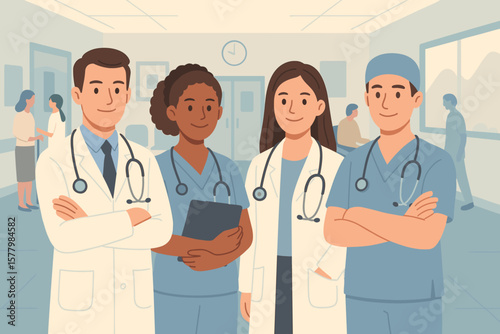 Diverse medical team of doctors and nurses standing together in hospital corridor ready to provide patient care, healthcare professionals, clinical teamwork, hospital staff, modern medicine